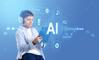 Child using tablet with AI-generated holographic interface for c