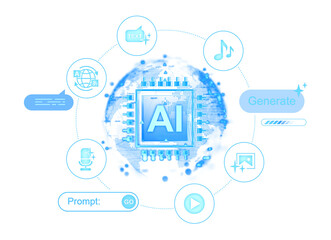 Futuristic AI chip with global technology interface and creative prompt generation icons on white blur hologram background concept illustration. 3D Rendering