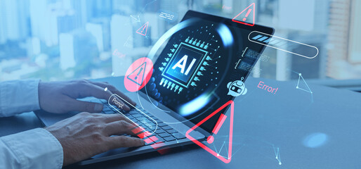 AI system error warning concept with digital alerts and cybersecurity interface on laptop during prompt generation process in futuristic environment.