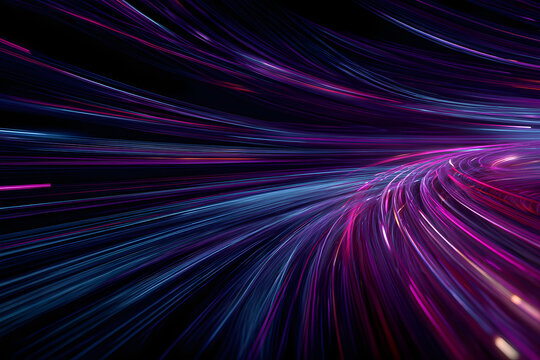 abstract digital composition with bright neon light trails in magenta purple and blue radiating from a central point