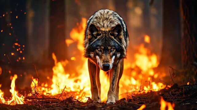 Majestic Wolf Walking Through Fire Amidst Burning Forest Flames.