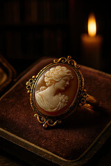Victorian-era cameo brooch with carved shell portrait | antique gold frame with intricate detailing | high-resolution jewelry photography | soft diffused studio lighting | elegant vintage aesthetic | 