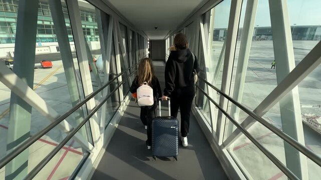 Travelers mom and daughter walking across the Jet Bridge at the airport before boarding. A woman and a girl tourists walk hand in hand with a suitcase, preparing for a plane trip. Rear view. 