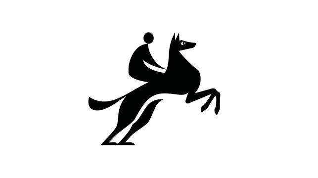 Minimalist black silhouette of a dynamic rider on a powerful rearing animal, abstract graphic design element, modern logo concept.