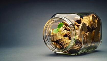 Watch your wealth grow a tiny seedling sprouts from a jar overflowing with golden coins symbolizing financial success and investment