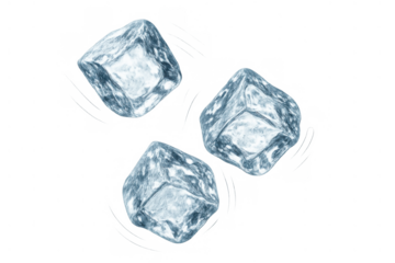 Three transparent ice cubes floating, cooling drinks and symbolizing refreshment and coldness
