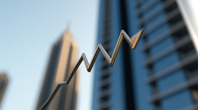 Metallic line graph trending upwards against a blurred cityscape, symbolizing growth, success, and positive market trends.  Elegant design conveying progress and ambition.