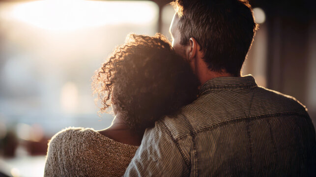 A loving couple embraces tenderly, heads touching, gazing towards a bright, warm sunset. This intimate, affectionate moment conveys deep connection, romance, comfort, and peaceful togetherness