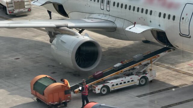 Ground crew unloads luggage from a commercial airplane parked at the airport apron. Baggage handlers work with a conveyor belt loader as suitcases are removed from the aircraft cargo hold 4k footage