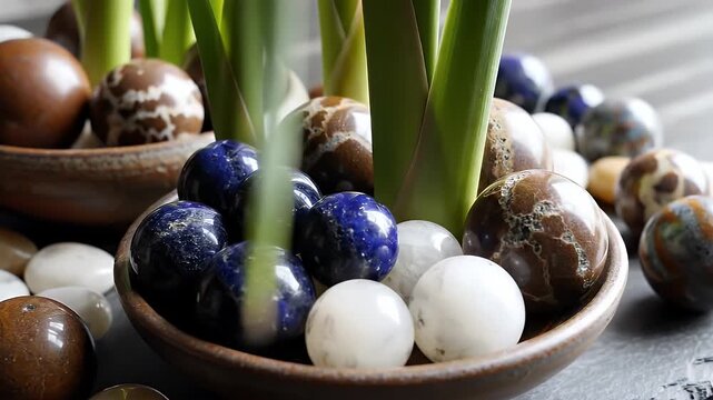 Close Up Of Decorative Bowls Filled With Smooth Polished Stones In Various Earth Tones Including Deep Blue Lapis Lazuli White Jade And Earthy Browns With Green Succulent Plants Emerging From Center