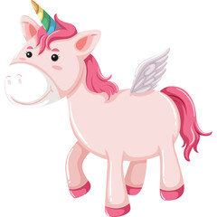 Pink Unicorn With Wings and Rainbow Horn on White Background Full Body Cartoon Illustration