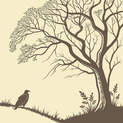 A crow perched on a grassy hill beneath a bare tree, its branches reaching towards the sky, creating a serene and natureinspired illustration