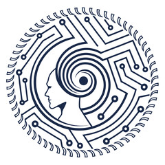 A stylized head profile merges with circuit board patterns, symbolizing artificial intelligence and technological advancement, a futuristic concept