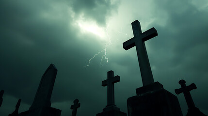 Stormy graveyard silhouette of crosses against a night sky with lightning. Eerie and ominous, symbolizing mortality and remembrance. Peaceful resting place.