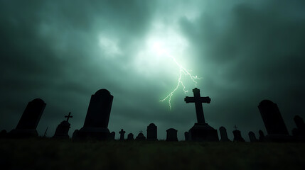 A graveyard is struck by a lightning during a stormy night. Silhouettes of gravestones fill the foreground, as bright lightning crackles in the background. Eerie, spooky scene.
