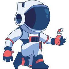 Pixel Art Astronaut Character Kneeling and Holding a Small White Flower with Blue and Orange Accents on a Transparent Background