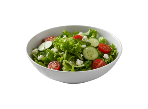 This is a picture of a white bowl filled with fresh salad. The background is completely white, providing endless space for text.