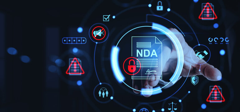 Non-disclosure agreement NDA concept with digital lock icons and cybersecurity symbols on futuristic interface background with finger touch interaction. - Powered by Adobe