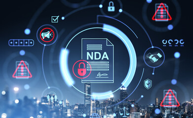 Digital concept of NDA non-disclosure agreement with security icons over modern cityscape at night, illustrating privacy and confidentiality terms.