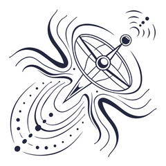 A captivating line art illustration showcases a satellite dish transmitting signals through space, surrounded by cosmic waves and celestial dots