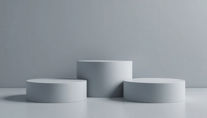 Minimal Gray Podium with Three Cylindrical Stages under Soft Natural Light, Modern Architecture Composition for Product Display, Clean Design and Balanced Aesthetic Presentation

