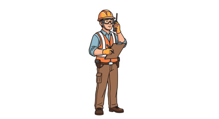 Construction Worker Communicating with Walkie Talkie in Safety Gear, A Vector Illustration
