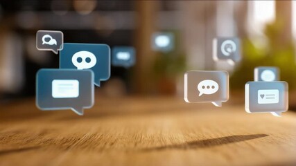 Floating speech bubble icons above a wooden table, representing online communication. - Powered by Adobe