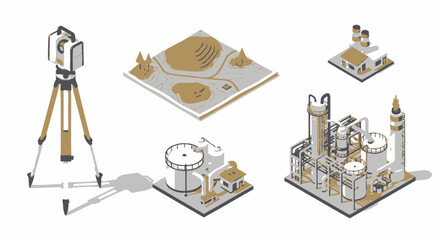 Isometric View of Industrial Facilities and Topography Surveying Equipment for Visualization