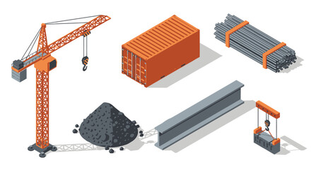 Isometric Construction Set Crane, Container, Steel, and Concrete Elements for Building Projects