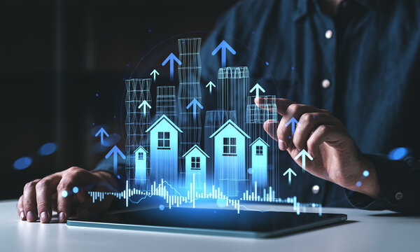 Digital real estate market growth concept with futuristic buildings and charts from tablet interface showing buy and sale trends online in property business. - Powered by Adobe