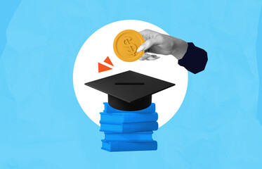 Hand inserting coin into graduation cap on blue books symbolizing education savings and financial aid concept on abstract blue background.