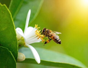 Close-up of a bee pollinating a white flower with yellow pollen