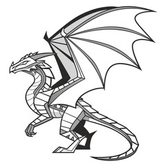 A geometric dragon with wings spread, its body composed of triangles and polygons, , creating a modern and stylized design