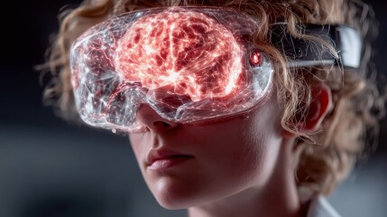 A person wears advanced VR goggles displaying a detailed, glowing brain, symbolizing technology, cognition, and virtual reality.