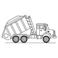Line art illustration of a rolloff truck, used for transporting large waste containers, symbolizing industrial waste management and recycling