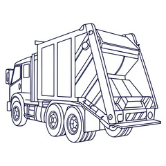 Detailed line art illustration of a garbage truck, showcasing its mechanical features and design, for clarity and focus