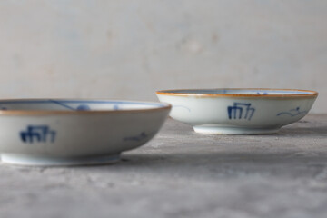 Imari-yaki Sometsuke Ware Blue and White Egret under Reeds Design Small Plates Set of 2 &ndash; Saga Japan, Meiji Era