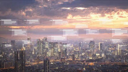 Cityscape bathed in sunset with digital communication overlay. - Powered by Adobe