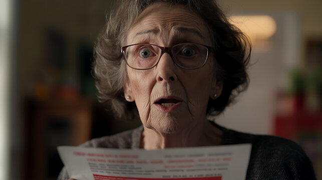 An older woman in glasses expresses shock while holding a document. Her eyes are wide and her mouth is agape, creating a humorous and relatable moment of surprise.