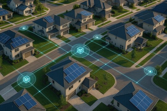 Aerial shot of a neighborhood connected by futuristic holographic technology.