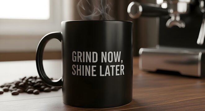 A black ceramic coffee mug with the motivational phrase 'Grind now, shine later' placed on a wooden table near a coffee machine in a cozy kitchen setting