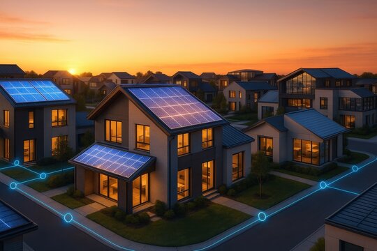Sunset over a suburban neighborhood with solar panels powering each home.