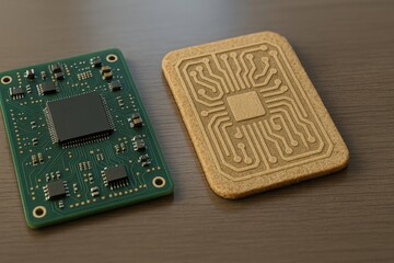 Conceptual tech: a circuit board and a cookie decorated like a circuit board.