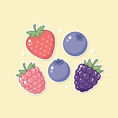 Delightful Set of Sweet Berry Stickers Vibrant Cartoon Illustrations Featuring Fresh Strawberries, Blueberries, Raspberries, and Blackberries with Cute Sparkle Elements