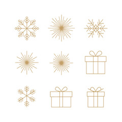 Elegant collection of gold Christmas icons. Set includes minimalist line art of snowflakes, gift boxes, and starbursts for festive holiday designs. Vector illustration