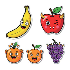 Cute cartoon fruit characters with happy faces, a banana, an apple with horns, and a bunch of grapes