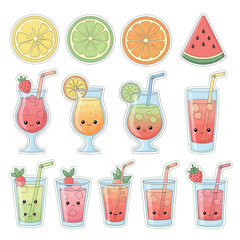 Cute Kawaii Fruit Drinks and Slices of Citrus and Watermelon