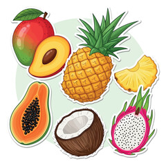 Vibrant Tropical Fruit Collection Vector Illustration A Colorful Assortment of Exotic Fruits in Playful Sticker Style on a White Background