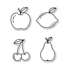A collection of outlined fruit stickers featuring an apple, lemon, pear, and cherries in a minimalist black and white design