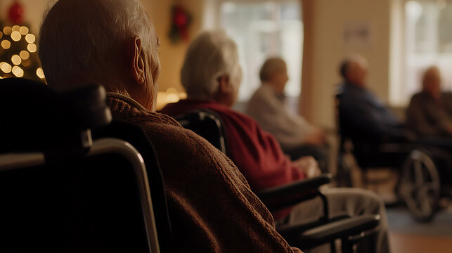 Elderly individuals gather in a community space, some using wheelchairs, during what appears to be a holiday season, indicated by the presence of a decorated Christmas tree.